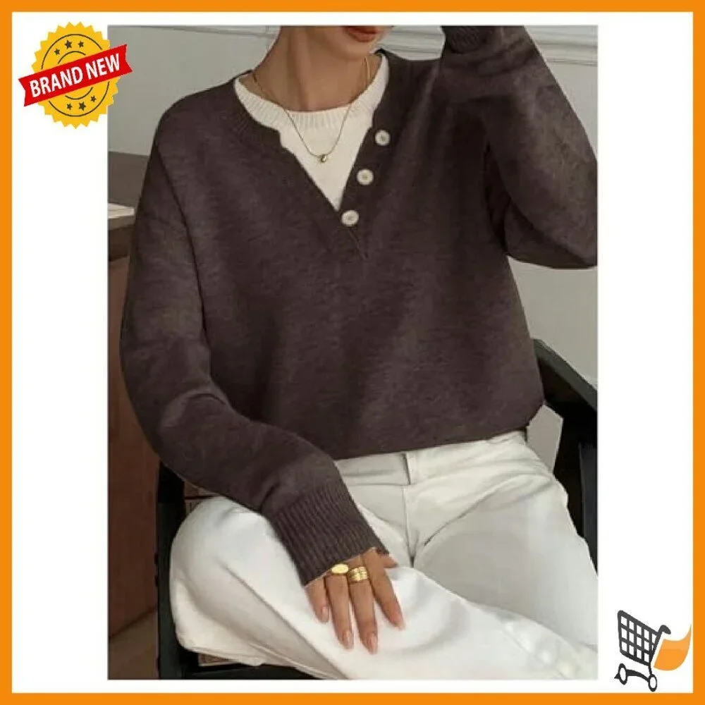 Women's Button Up V Neck Sweater Color Block Pullover Long Sleeve Cozy